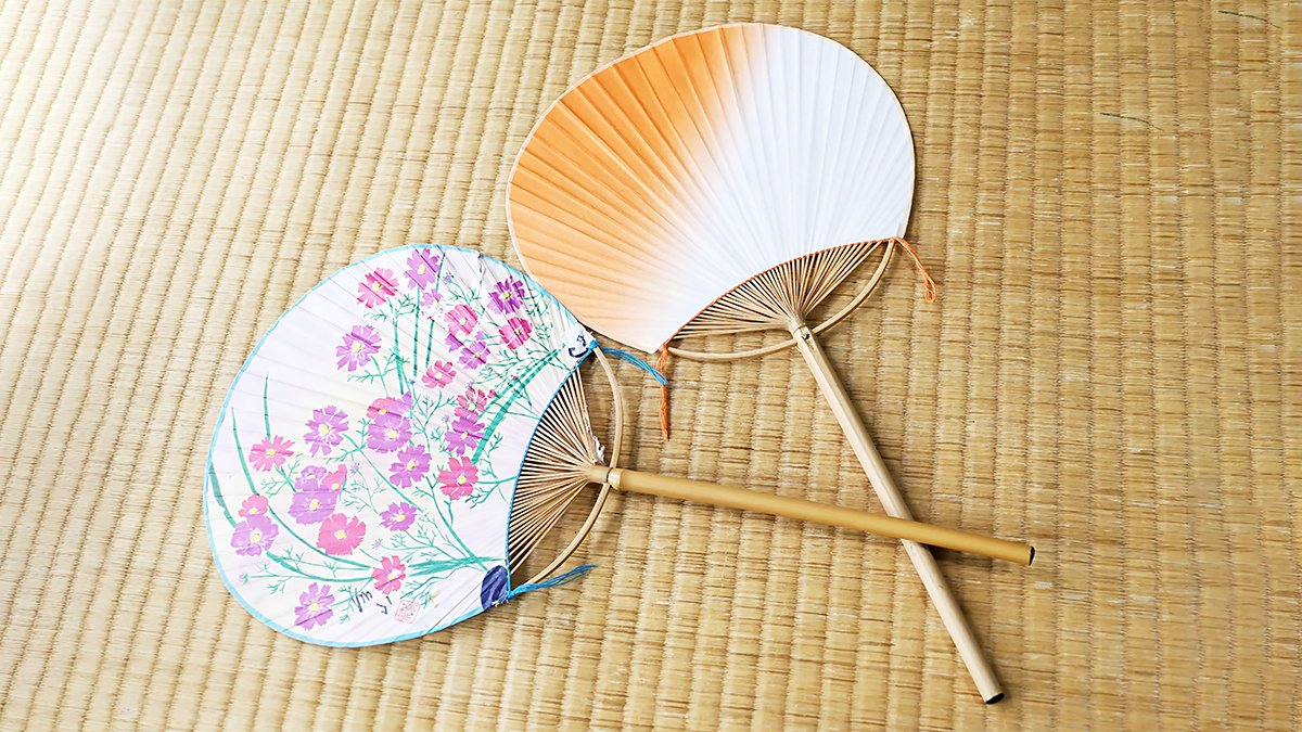 房州うちわ着物生地 伝統工芸 日本3大団扇のひとつ 花柄藍 丸柄2本