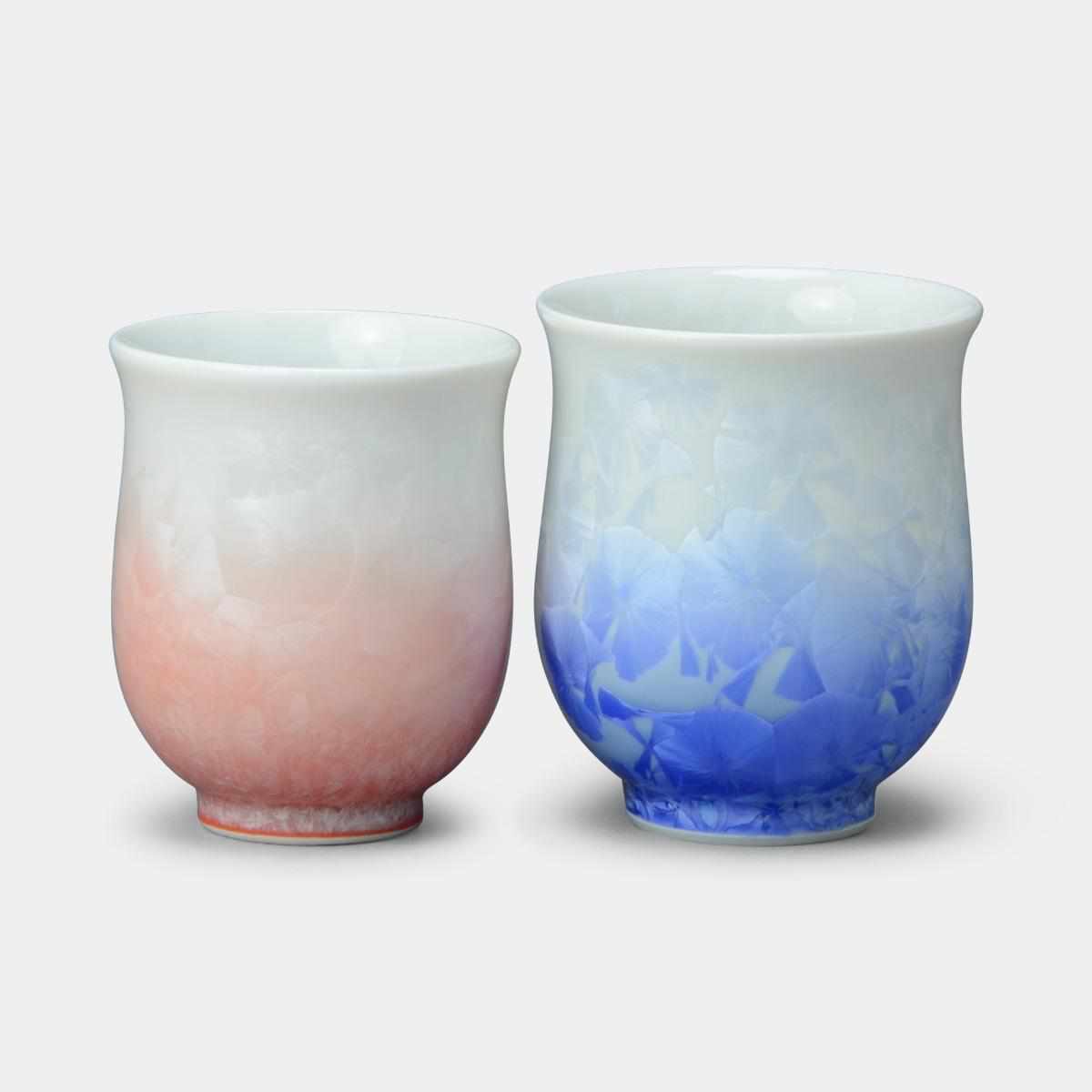 湯呑み2点セット｜花結晶 (白地青赤) | 京焼-清水焼 | 陶葊 ｜BECOS
