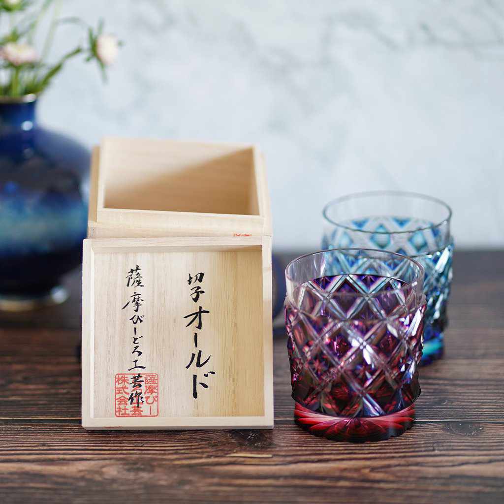 グラス｜二重被せ 格子オールドグラス (金赤-瑠璃) | 薩摩切子 