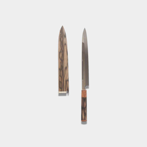 【柳刃包丁】300mm 白二鋼水焼本焼 鏡面波浮かし/樋入り 千本黒柿柄鞘仕様 | 堺刃物 | 郷右馬允義弘