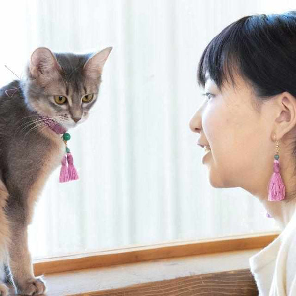 【京念珠】ねこのわ (中野伊助) 猫用ネックレス ＆ ピアスセット