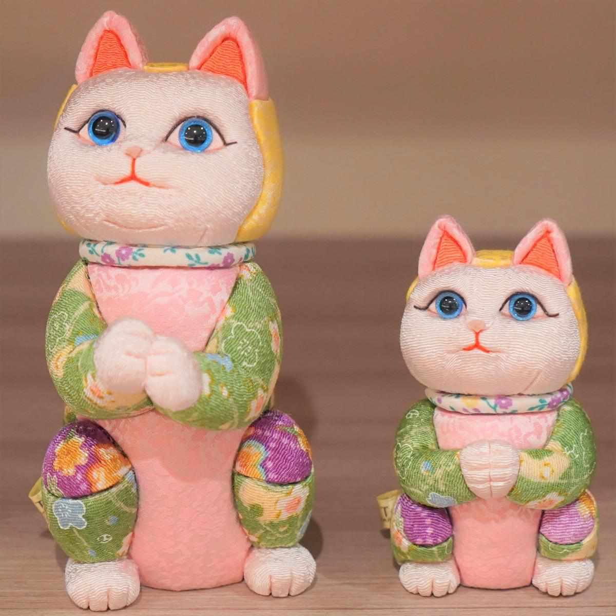 猫の木製置物 星模様付き 招き猫 星に願いを ちりめん多色 開店祝い 新築祝い 誕生日 ギフト