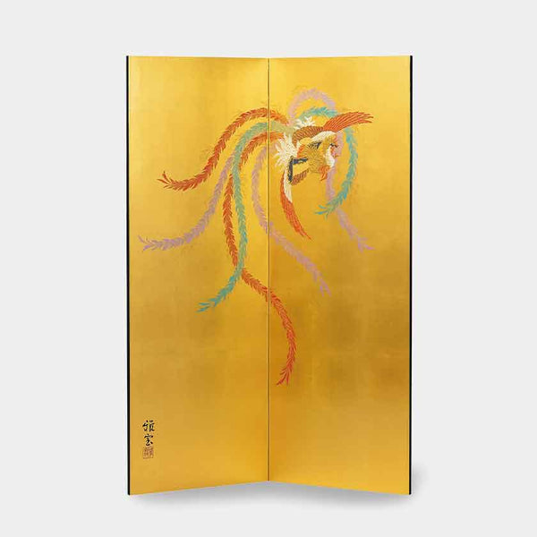 【屏風】四尺二曲 真鍮箔 (金) 金彩鳳凰 | 木工 (大型配送料2,500円)