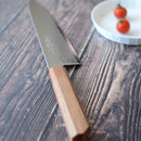 【三徳包丁】180ｍｍ 高炭素ステンレス鋼割込 磨きダマスカス 樫八角柄-柿渋仕上- | 堺刃物 | 山脇刃物製作所