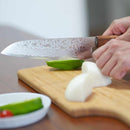 【三徳包丁】180ｍｍ 高炭素ステンレス鋼割込 磨きダマスカス 樫八角柄-柿渋仕上- | 堺刃物 | 山脇刃物製作所