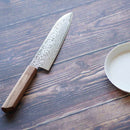 【三徳包丁】180ｍｍ 高炭素ステンレス鋼割込 磨きダマスカス 樫八角柄-柿渋仕上- | 堺刃物 | 山脇刃物製作所