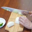 【牛刀】240mm 高炭素ステンレス鋼割込 磨きダマスカス 樫八角柄-柿渋仕上- | 堺刃物 | 山脇刃物製作所