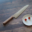 【牛刀】240mm 高炭素ステンレス鋼割込 磨きダマスカス 樫八角柄-柿渋仕上- | 堺刃物 | 山脇刃物製作所