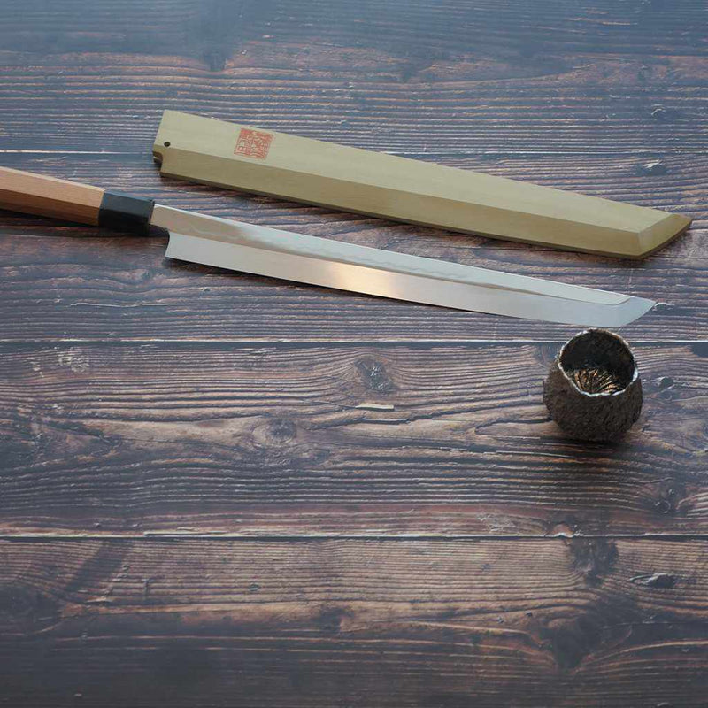 【先丸蛸引包丁】330mm 白二鋼水焼本焼 鏡面波浮かし 一位八角柄 | 堺刃物 | 郷右馬允義弘