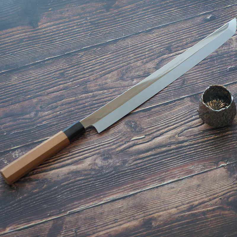 【先丸蛸引包丁】330mm 白二鋼水焼本焼 鏡面波浮かし 一位八角柄 | 堺刃物 | 郷右馬允義弘