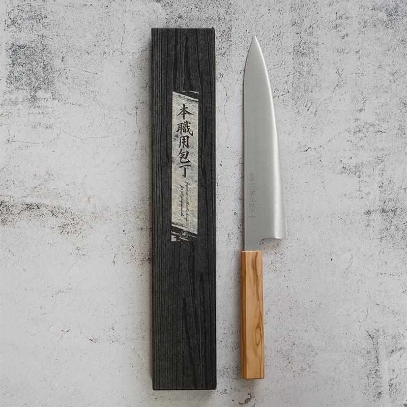 【牛刀】INOX スウェーデン鋼 (両刃) オリーブウッド八角柄 240mm｜BECOSオリジナル | 堺打刃物｜一刀斎虎徹