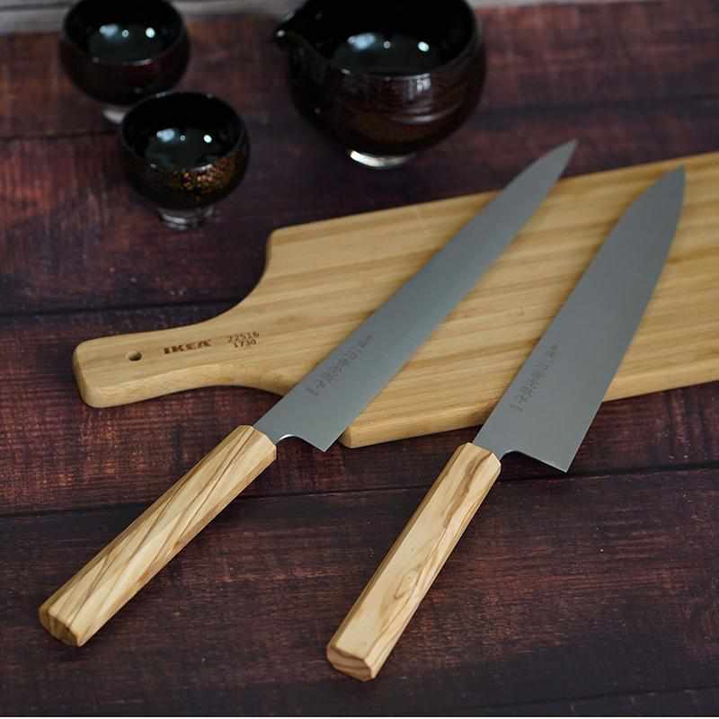 【牛刀】INOX スウェーデン鋼 (両刃) オリーブウッド八角柄 240mm｜BECOSオリジナル | 堺打刃物｜一刀斎虎徹