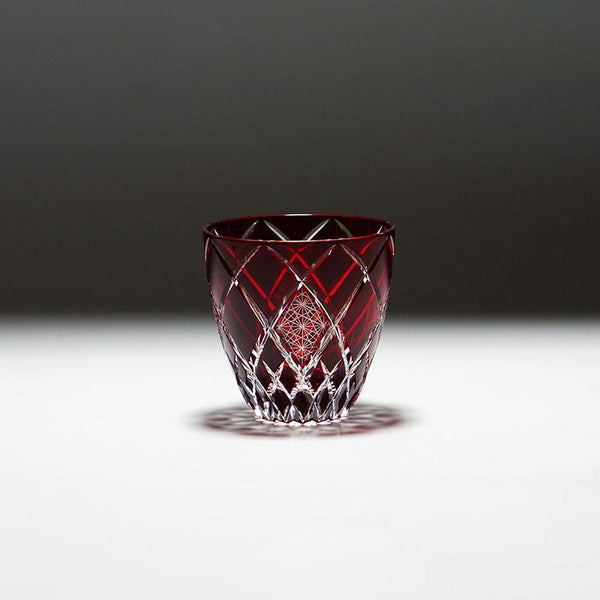 【ぐい呑】菊と矢来 -kiku yarai- (赤)｜切子