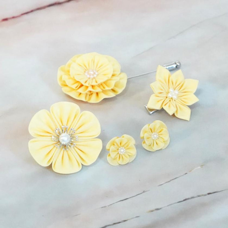 【アクセサリー】イエロー (ハットピンブローチ、ブローチ、ノンホールピアス、ヘアクリップ 4点セット ) | つまみ細工