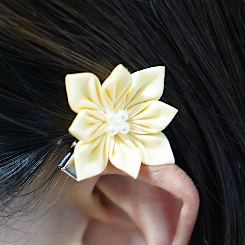 【アクセサリー】イエロー (ハットピンブローチ、ブローチ、ノンホールピアス、ヘアクリップ 4点セット ) | つまみ細工