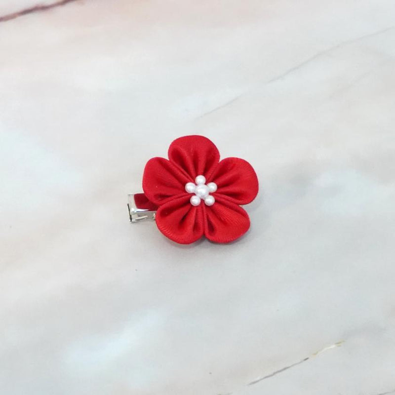 【アクセサリー】茜 (丸ブローチ、六角ブローチ、ヘアクリップ、ヘアゴム 4点セット ) | つまみ細工