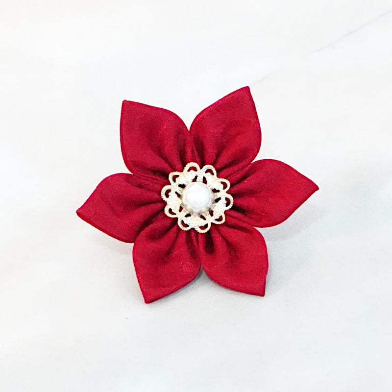 【アクセサリー】茜 (丸ブローチ、六角ブローチ、ヘアクリップ、ヘアゴム 4点セット ) | つまみ細工