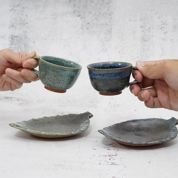 【大谷焼】梅里窯 デミタスカップ＆ソーサー 2点セット (瑠璃唐津, 碧緑唐津)