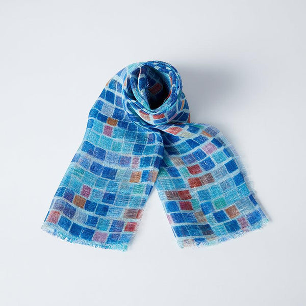 【ストール】リネン160X35 四角並べ (青) | 京友禅 | 禾口木丙