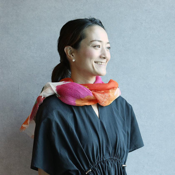 【ストール】リネン160X35 ハイビスカス (朱ピンク) | 京友禅 | 禾口木丙