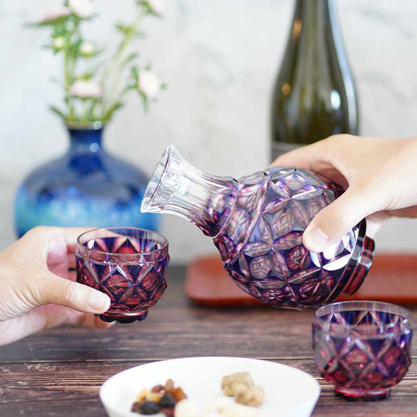 【酒器3点セット】二重被せ 徳利 & お猪口 (金赤-瑠璃) | 薩摩切子 | satuma