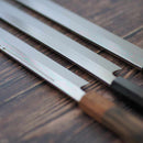 【柳刃包丁】300mm 白二鋼水焼本焼 鏡面波浮かし/樋入り 千本黒柿柄鞘仕様 | 堺刃物 | 郷右馬允義弘